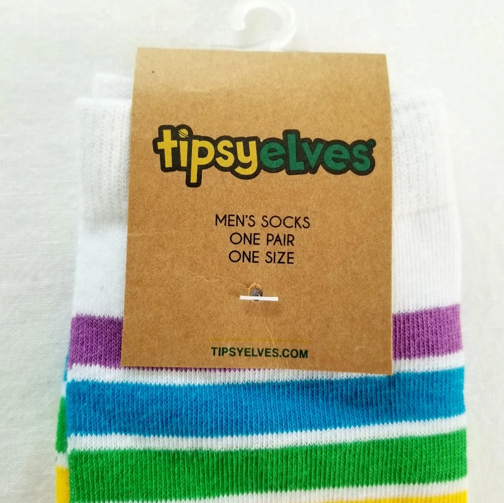 Mens Tipsy Elves White Rainbow 100% Cotton Crew Socks New With Tag